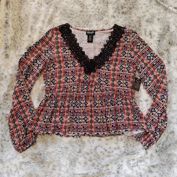 Wrangler Geometric Multicolor Patterned Black Lace V-neck Long Sleeve Top Smal - Picture 3 of 13